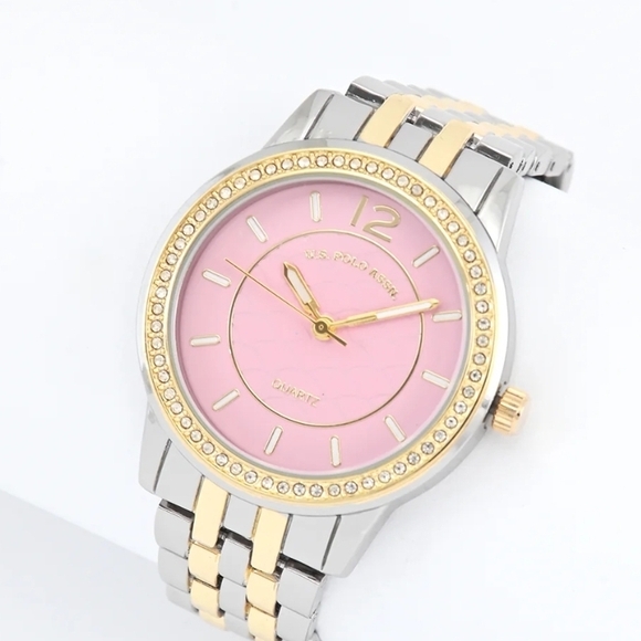 U.S. Polo Assn. LADIES TWO TONE SILVER AND GOLD WATCH with Pink Face, NIB! - Picture 1 of 10